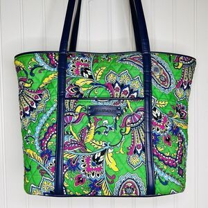 Vera Bradley Large Pleated Tote Shoulder Bag Purse Trimmed Emerald Green Paisley